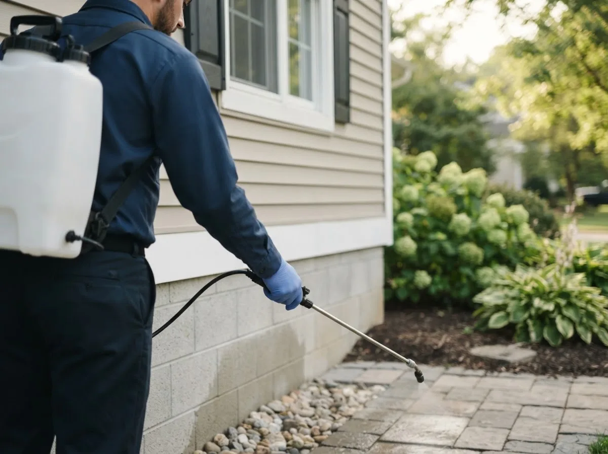 Pest control technician inspecting a home in Karnack, TX